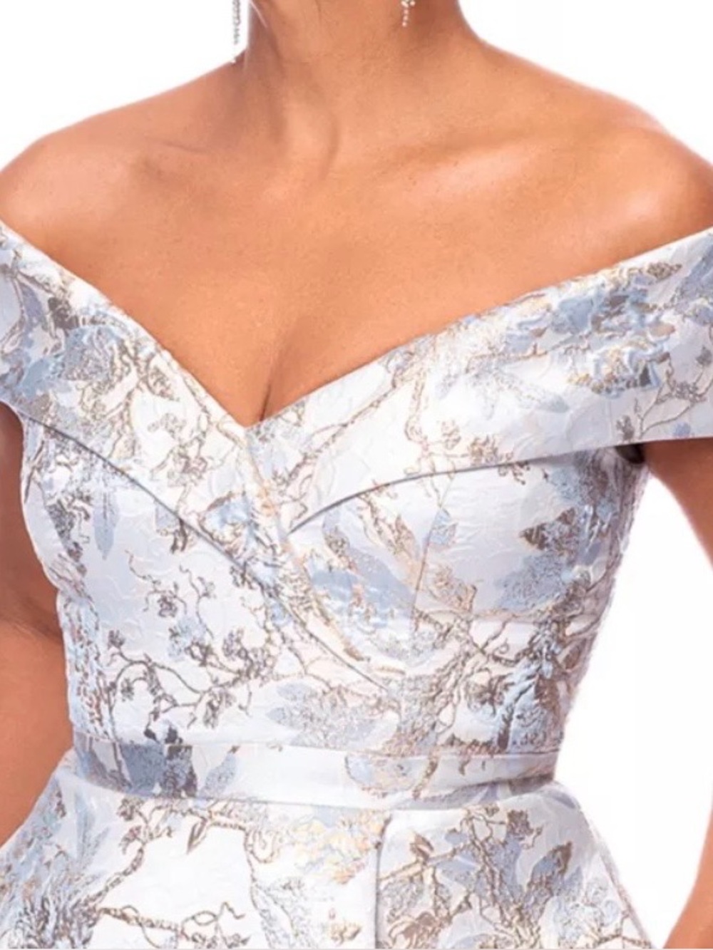 Off-Shoulder Light Blue Floral Jacquard Dress